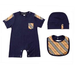 New summer fashion British style newborn baby clothes Unisex cotton Plaid stripes new born baby boy girls rompers hat Bibs set Y226847906