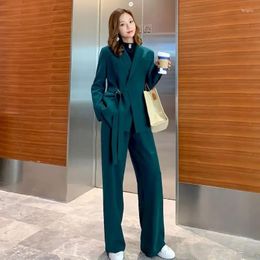 Women's Two Piece Pants Lnsozkdg Casual 2 Pieces Trouser Set Women Long Sleeve Belted Suit Jackets & High Waist Wide Leg Office Ladies Pant