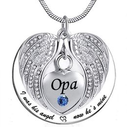 Unisex Angel Wing Birthstone Memorial Keepsake Ashes Urn Pendant Necklace 'i used to be his angle now he's mine'- 2633