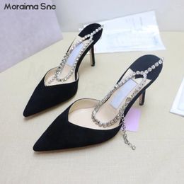 Dress Shoes Rhinestone Chain Pointed Toe Black Sandals Summer Sexy Stiletto Heel Hollow Multi-Color Fashionable Women's