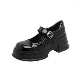 Dress Shoes 2024 Spring Women'S Leather Black Loafers Korean Style Middle Heel Fashion Design Casual Party And Office Wear