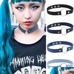Chokers Gothic Metal O Ring Denim Chokers Necklace Button Adjustable Necklaces Collar For Women Girls Fashion Jewellery Will And Drop De Dhywh