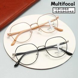 Sunglasses Round Progressive Multifocal Reading Glasses Women Men Vintage Classic Presbyopia Eyeglasses Retro HDMetal Near Far