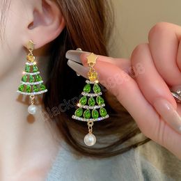 New Zircon Pearl Christmas Tree Drop Earrings for Women Girls Shiny Rhinestone Elk Snowflake Earring Party Festival Jewelry