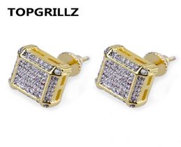 Topgrillz Hip Hop Gold Color Iced Out Full Cubic Zircon Square Stud Earring Men Charm smycken gåvor med skruv tillbaka spänne5800552