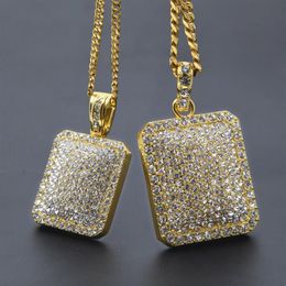 Mens Gold Cuban Link Chain Fashion Hip Hop Jewellery with Full Rhinestone Bling Diamond Dog Tag Iced Out Pendant Necklaces221E