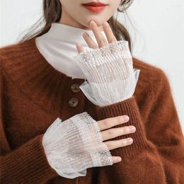 Knee Pads 1 Pair Korean Women Fake Flared Sleeves Girls Double Layer Lace Pleated Ruched False Cuffs Solid Sweater Blouse Wrist Warmers