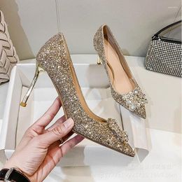 Dress Shoes Gold Wedding Crystal Slippers Sequin Pointed Toe Stiletto Bridesmaid Bride Champagne High Heels