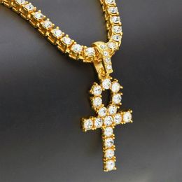 Egyptian Ankh Key Of Life Pendant Necklace With 1 Row Iced Out Clear Rhinestones Tennis Chain 20 24 30inch Hiphop Jewelry298C