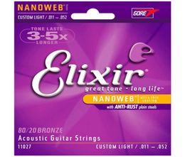 Whole 5 Sets Elixir 11027 Acoustic Guitar Strings 011052 8020 Bronze With NANOWEB Ultra Thin Coating CUSTOM LIGHT7430026