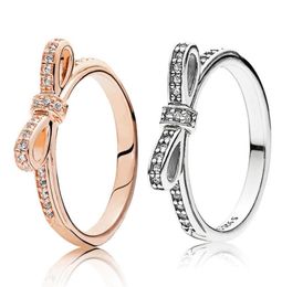 NEW 925 Sterling Silver Sparkling Bow Ring Set Original Box for grain Women Wedding Rings CZ Diamond bowknot 18K Rose Gold83992202513768