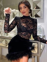 Casual Dresses Mozision Lace Print See Through Sexy Mini Dress Women Autumn Winter Half High Collar Sheer Long Sleeve Bodycon Party