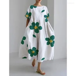 Party Dresses Fashion Lady Short Sleeve Big Swing Loose Maxi Dress Retro Women Flower Printing Pocket O Neck Elegant Robe