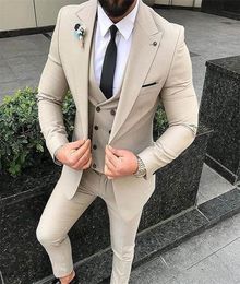 Slim Fit Beige 3 Piece Suit Men Wedding Tuxedos Bridegroom Groomsmen Suits Men Business Party Prom BlazerJacketPants TieVest L1409588