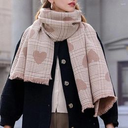 Scarves Women Winter Scarf Thickened Neck Warm Wide Long Windproof Heart Plaid Print Fringed Hem Knitted Lady