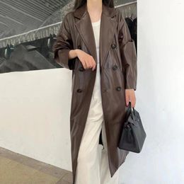 Women's Leather Genuine Coat Autumn/Winter Commuter Style Arch Needle Suit Collar Double Breasted Long Sheepskin Top2024