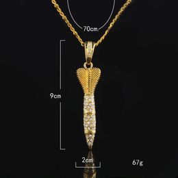 Bling Bling Gold Colour Rhinestone Iced Out Military Rocket Arrow Dart Pendant Necklace Hip Hop Style Rapper Jewelry155e