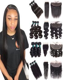 10A High Quality Brazilian Remy Human Hair 3 Bundles With 44 Closure or 134 Lace Frontal Straight Body Loose Deep Water Wave Cur3754764