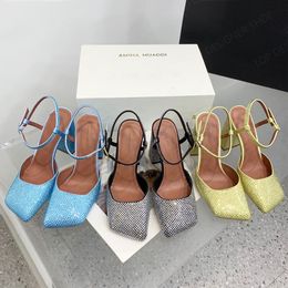 Amina muaddi sandálias de strass charlotte slingback bomba orquídea vestido sapatos 95mm cristal incrustado dedos quadrados salto grosso leathe salto alto sapatos de grife femininos