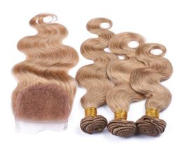 27 Honey Blonde 4x4 Lace Top Closure Part With Peruvian Strawberry Blonde Virgin Human Hair Weave Bundles Body Wave 4Pcs Lot6549444