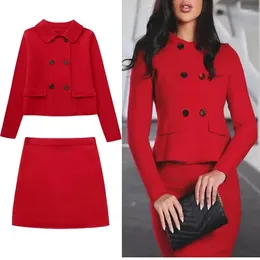 Women's Suits Women Cropped Blazer Red Lapel Long Sleeves Fashion Double Breasted Short Jackets Outerwears Mini Skirt Autumn Sets