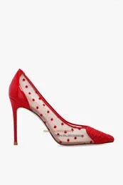 Dress Shoes Red White Stiletto Pumps Women Crafted Leather Mesh Features A Heart Pointed Toe Embellished With Crystals Slip On