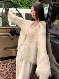 Women's Knits Oversized Cardigan Tops Women Clothing Pull Femme Patchwork Fur Sweet Sueter Mujer Fashion Single Breasted Knitted Sweater