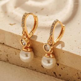 Hoop Earrings Minar Stylish Shiny CZ Cubic Zirconia Love Heart For Women 18K Real Gold Plated Brass Imitation Pearl Long Earring