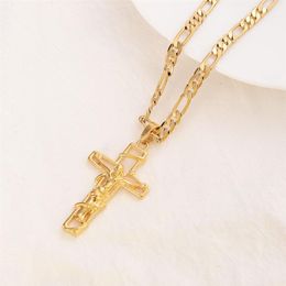 18 k Solid Fine Yellow Gold Filled Jesus Crucifix Cross Pendant Frame Italian Figaro Link Chain Necklace 60cm 3mm260a