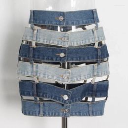 Skirts Sexy Hollow Out Patchwork Denim Cargo Womens 2024 Summer Fashion Design Asymmetrical Blue Jeans Mini Skirt Bodycon Faldas