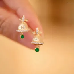 Stud Earrings UNICE Cute Real 18K Solid Yellow Gold AU750 Natural Emerald Bell For Women Girl Party Chrimtmas Gift Jewelry