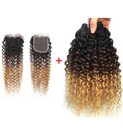 1B427 Ombre virgin Kinky Curly Hair Weave Bundles with Closure Brazilian Human Hair 3 Bundles with 44 Full Lace Closure7053019