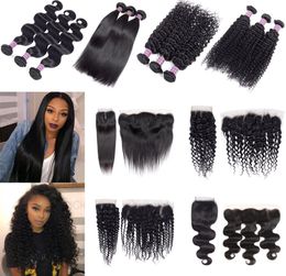 10A Brazilian Virgin Hair Bundles With Lace Closure Frontal Straight Body Deep Water Wave Kinky Curly Human Weave Extensions Doubl2118764