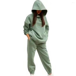 Women's Two Piece Pants 2 Pcs/Set Chic Women Autumn Tracksuit Pieces Set Hoodie Sweatpants Solid Colour Keep Warm