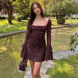 Casual Dresses 2024 Autumn Women's Fashion Sexy Square Neck Low Cut Flare Sleeve Slim Fit Wrap Hip Skirt Cake