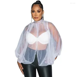 Women's Blouses Sexy Tops 2024 Arrival See-through Mesh Beaded Long Sleeved Shirt Loose Blouse Blusas Nightclub Black White Red Blue