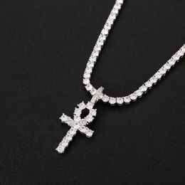 Iced Out CZ Key of Life Egypt Cross Pendant Necklace 4mm Tennis Chain SGold Silver for Men Hiphop Jewelry255k