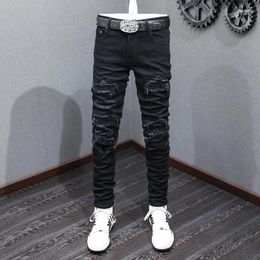 Men's Jeans Streetwear Fashion Men High Quality Black Stretch Skinny Fit Ripped Patched Designer White Hip Hop Brand Pants