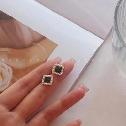 Stud Earrings Black Square Pearl Women's 2024 Cool Wind Forest Small