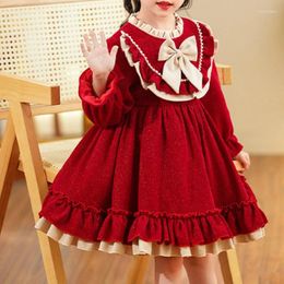 Girl Dresses Girls 2024 Winter Fashionable Korean Style Dress Children Bow Lace Collar Plush Thickened Princess