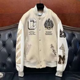 Off White Jacket AC MILANS Off Brand High-End Coat Male And Female Lovers Ow Heavy Industry Embroidered Wool Spliced Leather Sleeve Bombe 4193 8614