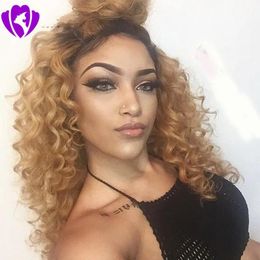 Wigs 180density full kinky curly synthetic wig heat resistant Ombre Blonde Brazilian full Lace Front Wigs for Women With Baby Hair