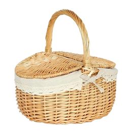 Picnic BBQ Pography Props Handmade Woven Storage Bag with Handle Lids Portable Basket 240102