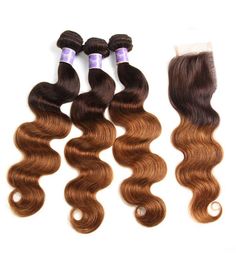 430 Ombre Coloured Human Hair Weave 3 Bundles Bundle With Closure Body Wave Brazilian 4x4 Lace Closure Brown Auburn Colors9238591