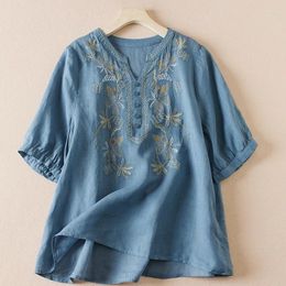 Women's Blouses Summer Cotton Linen Blouse Embroidery Art Retro V Neck Short Sleeve Loose Shirt Top Casual Women Clothing Blusas Mujer