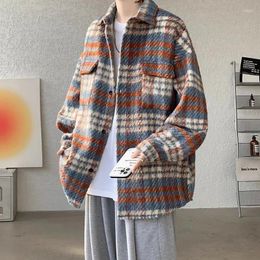 Men's Jackets Men Plaid Blends Woollen Coats Retro Fashion Add-cotton Warm Classic Outwear Notched Japanese Style All-match Vintage 2024