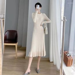 Casual Dresses Knitted One-piece Sweater Dress Women Spring Winter Korean High Elastic Long Female Slim Wear Woolen Pleated Y2k