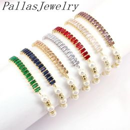 Bangle 10Pcs Handmade bracelet Colourful Zircon Tennis Chain With Freshwater pearls bracelet Adjustable Beads Bracelet For Women