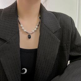 Pendant Necklaces Korean Fashion Choker Chain Pearl Necklace Mens Jewellery Punk Hip-hop Black Zircon Couple Man Stainless Steel Jewellery