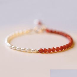 Chain Natural South Red Agate Beaded Bracelet Small 2Mm Rice Pearl Elastic Bracelets For Women Fashion Jewellery Drop Delivery Jewellery Dhbii